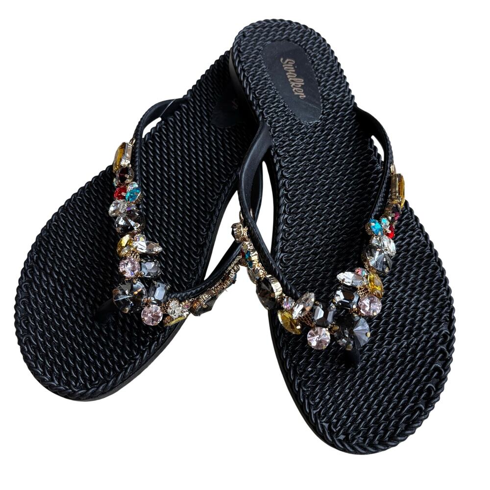 NWOT swalker bejewelled sandals flip flop things black size 10 rhinestones